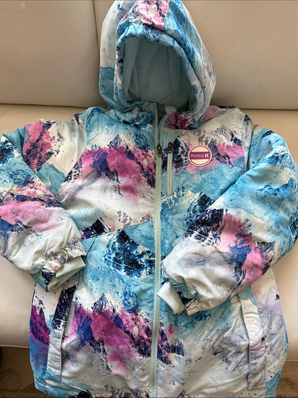 Hurley Girls Blue & Pink Mountain-Print Hooded Winter Jacket